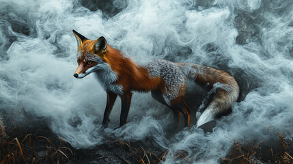 A fox with its tail merging into a swirling cloud of smoke, symbolizing cunning and stealth in unpredictable situations