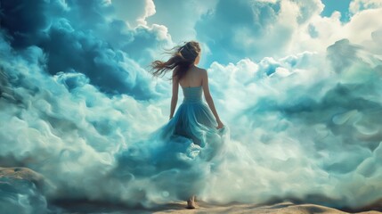 Woman in a blue dress floating in the thick clouds