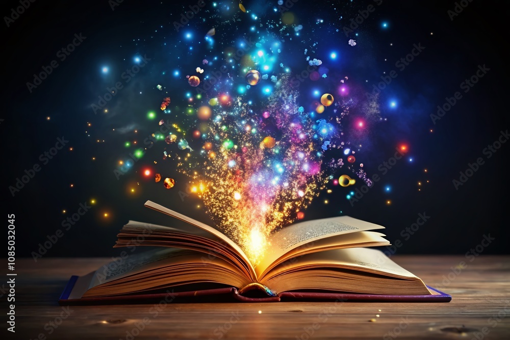 Aufkleber enchanting letters and sparkles emanating from an open book in darkness, captivating conceptual phot