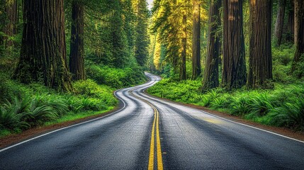 Fototapeta premium 28.A tranquil scene of a two-lane road winding through the heart of the Redwood National Forest. The massive redwood trees tower over the road, their bark rough and textured, reaching up to the sky.
