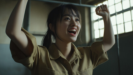 Asian female prisoner. Copy space. Happily fist pumping.