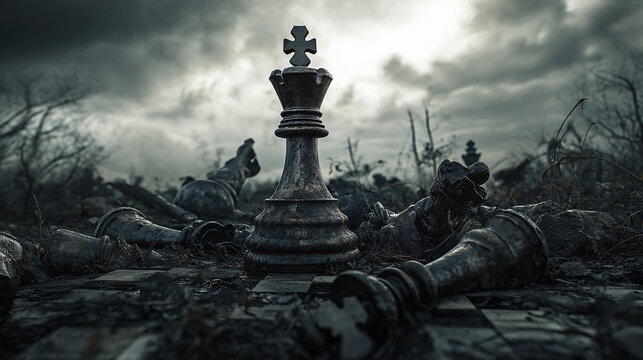 A single chess piece (pawn) standing amidst fallen kings and queens, symbolizing the survival of the common people after leaders make war