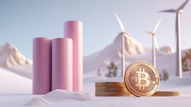 energy stock renewable infrastructure concept, A modern digital landscape showcasing Bitcoin, wind turbines, and pink pillars, highlighting the intersection of cryptocurrency and renewable energy.