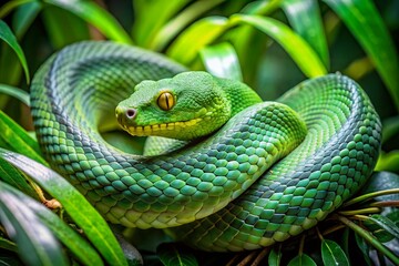 A green snake is curled up on a leaf