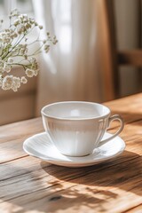 Cup and saucer on wooden table