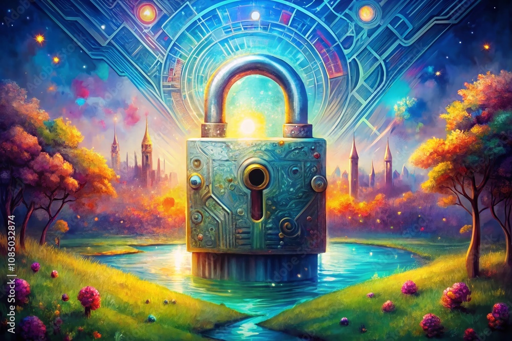 Poster envisioning web application security: a fantasy illustration of a lock icon symbolizing protection a