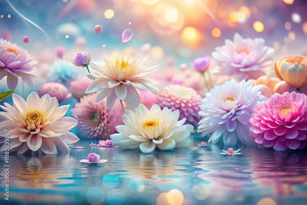 Poster ethereal dreamscape: a mesmerizing array of soft pastel flowers floating in a surreal, soothing visu