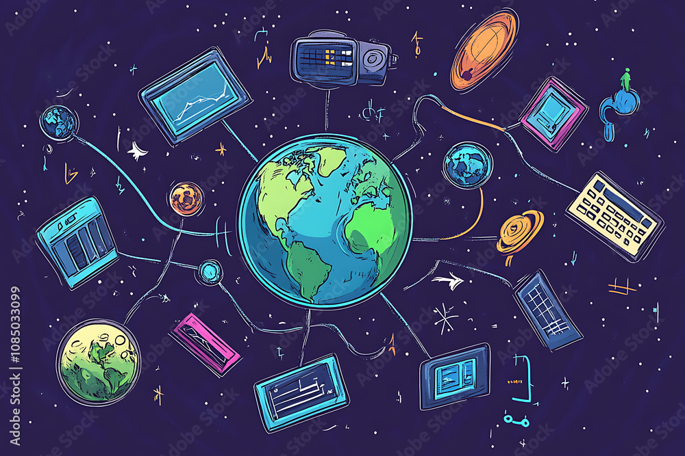Poster illustration of earth connected to various technology and data elements in a cosmic setting.