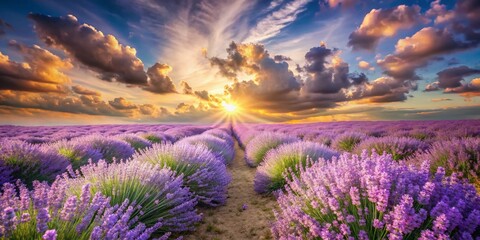 Fototapeta premium Ethereal Double Exposure of Lavender Flower Fields Merging with a Serene Summer Sky, Evoking Tranquility and Nature's Beauty in a Dreamlike Landscape