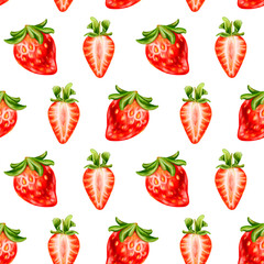 Seamless pattern with bright berries and strawberry slices. Sweet healthy dessert, cooking ingredients. Decorations for a festive table, a summer party. Hand-drawn illustrations, background