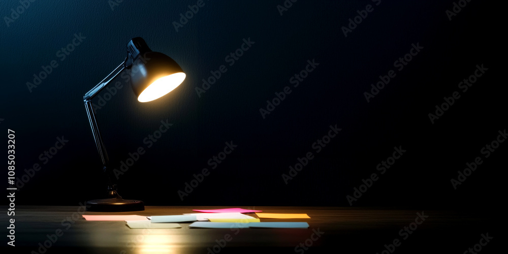 Poster burned out at the desk with low energy concept. a desk lamp illuminating colorful sticky notes.