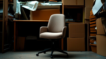 Burned out at the desk with low energy concept. A lone office chair in a cluttered storage space.