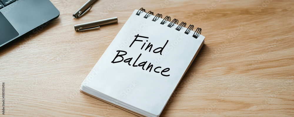 Poster burned out at the desk with low energy concept. find balance written on a notepad with a laptop and 