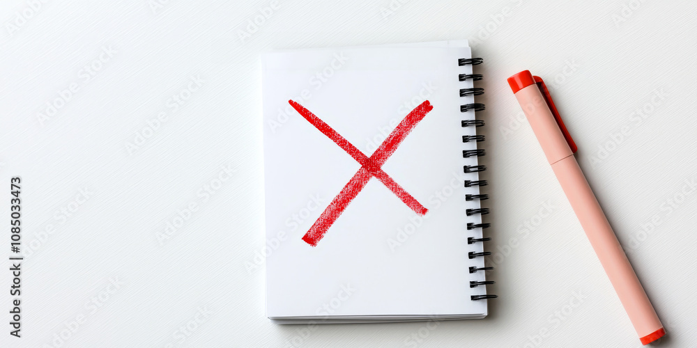 Poster burned out at the desk with low energy concept. notepad with a red cross mark and a pink marker on a