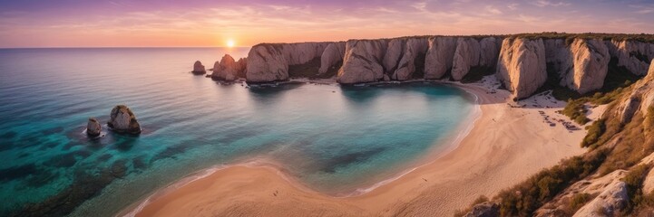 Aerial view of beach with clear blue water and big stone cliffs with sunset sky