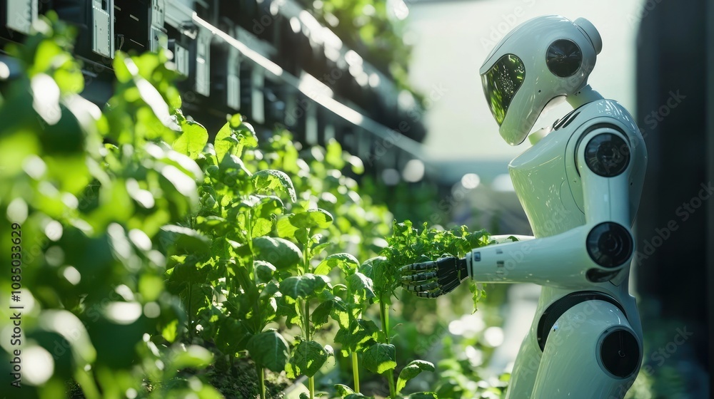 Poster here's a and keyword list suitable for stock photo submission.. robot tending vibrant indoor vertica