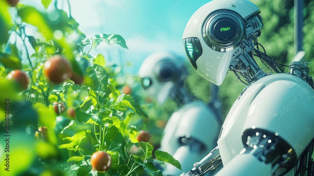 Poster here's a description and keywords for your image... two robots tending to a vibrant tomato plant in 