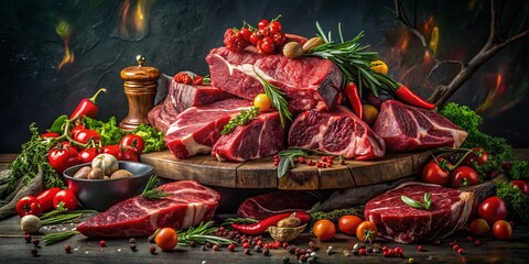 Fashion Photography Concept Featuring a Pile of Raw Meat with Creative Styling and Dramatic Lighting for a Unique Culinary Art Perspective