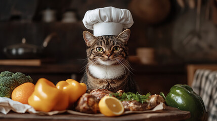 A cat wearing a chef's hat sitting on top of some food