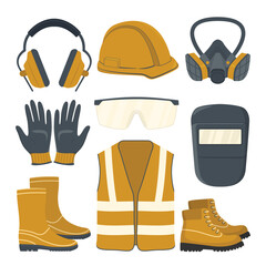 Safety gear icons set. Safety helmet, gloves, glasses and boots. Vector illustration