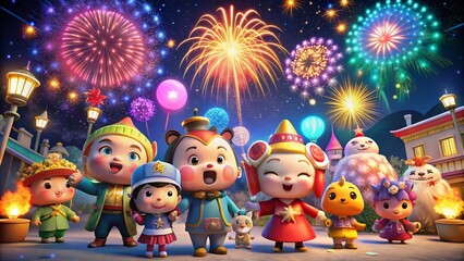Naklejka premium Festive 3D Cartoon Characters Joyfully Celebrating New Year Under a Starry Sky with Colorful Fireworks and Vibrant Decorations for a Cheerful Holiday Atmosphere