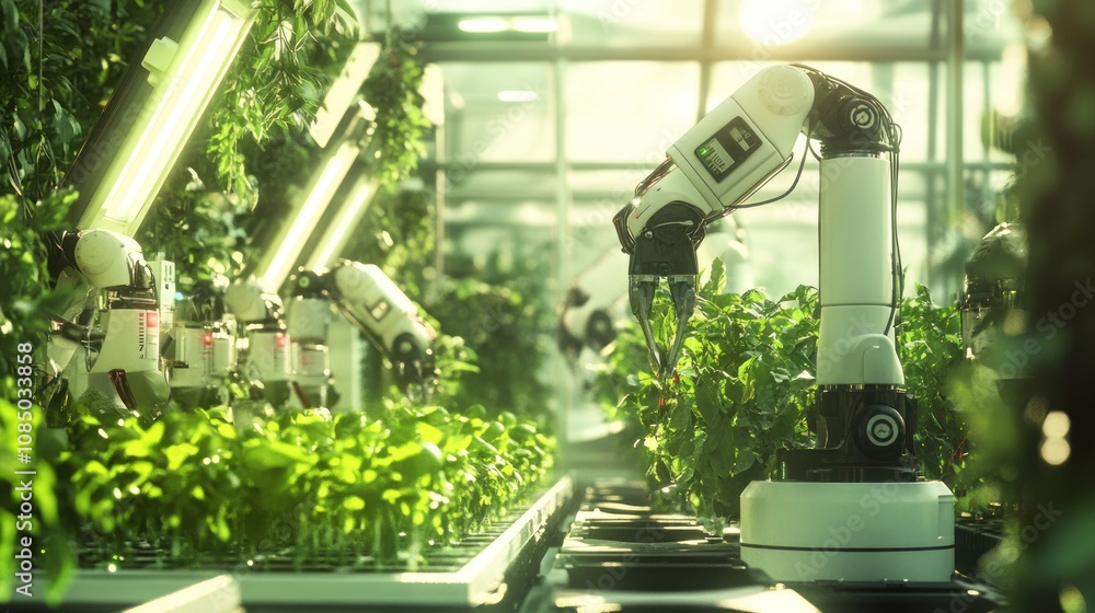 Poster here's a description and keywords for your image... robotic arms tending plants in a futuristic vert