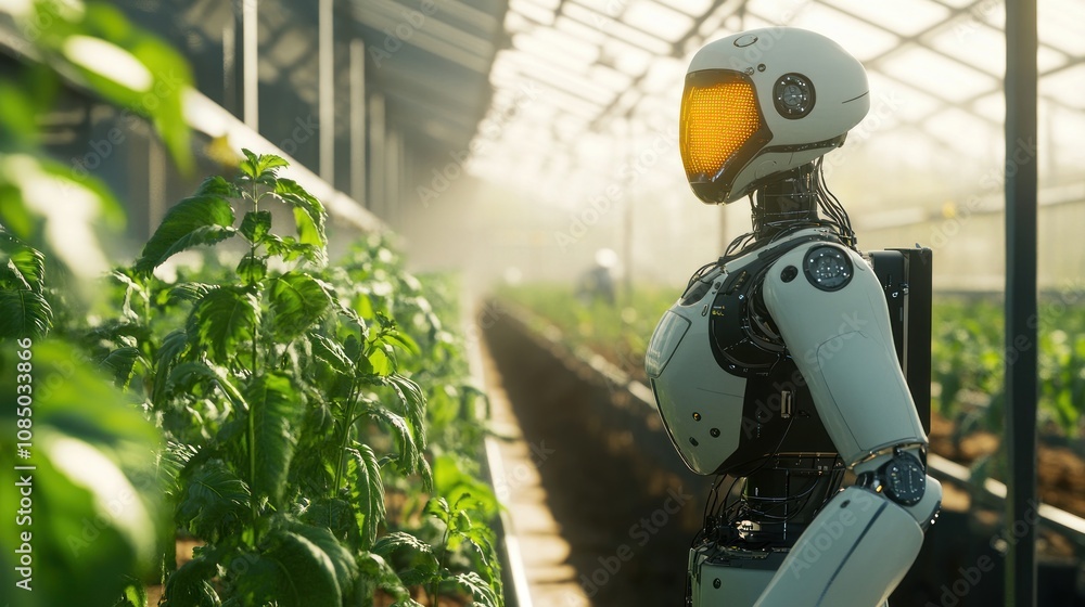 Poster here's a and keyword list for your stock photo.. futuristic robot tending plants in a greenhouse.