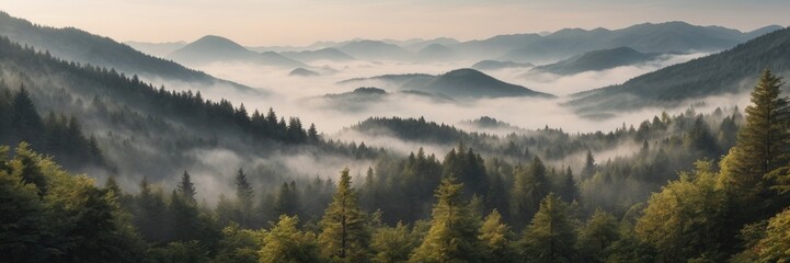 Fototapeta premium Beautiful mountain view with forests and rocks Covered with Foggy. Foggy Morning Landscape