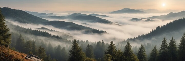 Obraz premium Beautiful mountain view with forests and rocks Covered with Foggy. Foggy Morning Landscape