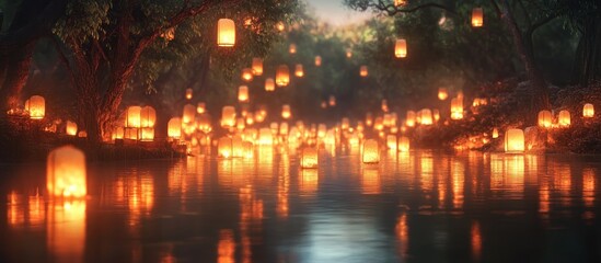 Obraz premium Enchanting river scene at night, illuminated by numerous floating lanterns and hanging lights, creating a magical ambiance.
