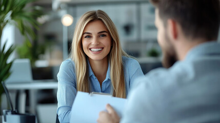 A young businesswoman is holding an agreement and talking to her colleague across the street