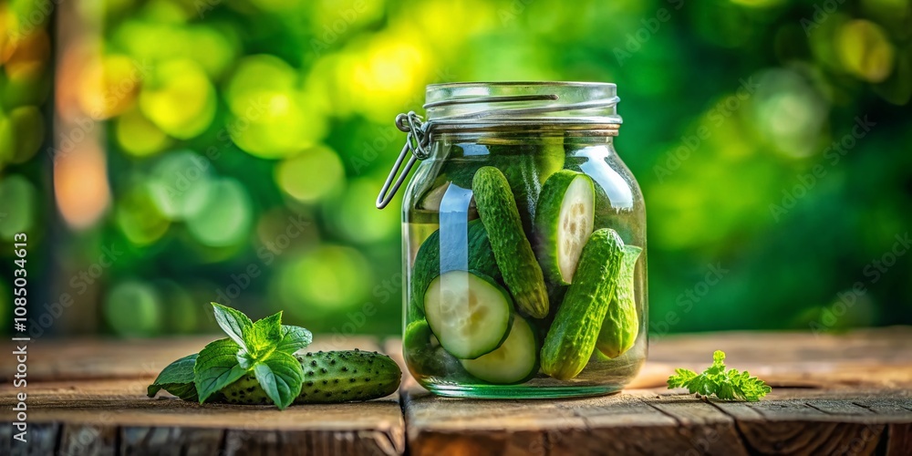 Aufkleber fresh and crisp cucumber cutout in a jar with tilt-shift photography emphasizing depth of field and 