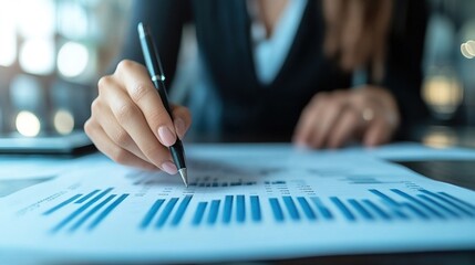 Fototapeta premium Professional Businesswoman Analyzing Data and Charts with a Pen in an Office Environment, Focused on Growth and Performance Metrics