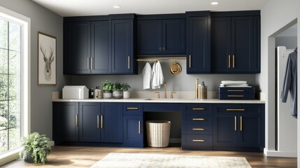 Fototapeta premium Chic laundry room with dark blue cabinets, folding station, and gold hardware