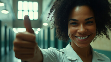 Black female prisoner. Copy space. Smiling and giving a thumbs up.