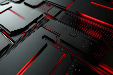Futuristic Red and Black Abstract Design with Geometric Lines and Metallic Accents