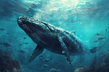 Fototapeta premium Fantastically beautiful majestic huge whale in blue ocean