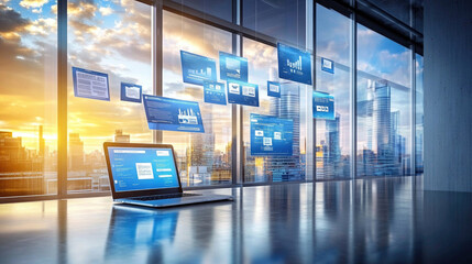 The future digital interface on the laptop screen, with holographic windows floating on it, symbolizes advanced technological interaction.