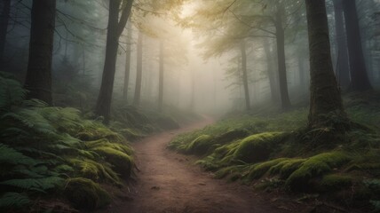 Obraz premium Misty forest path leads to a mysterious adventure
