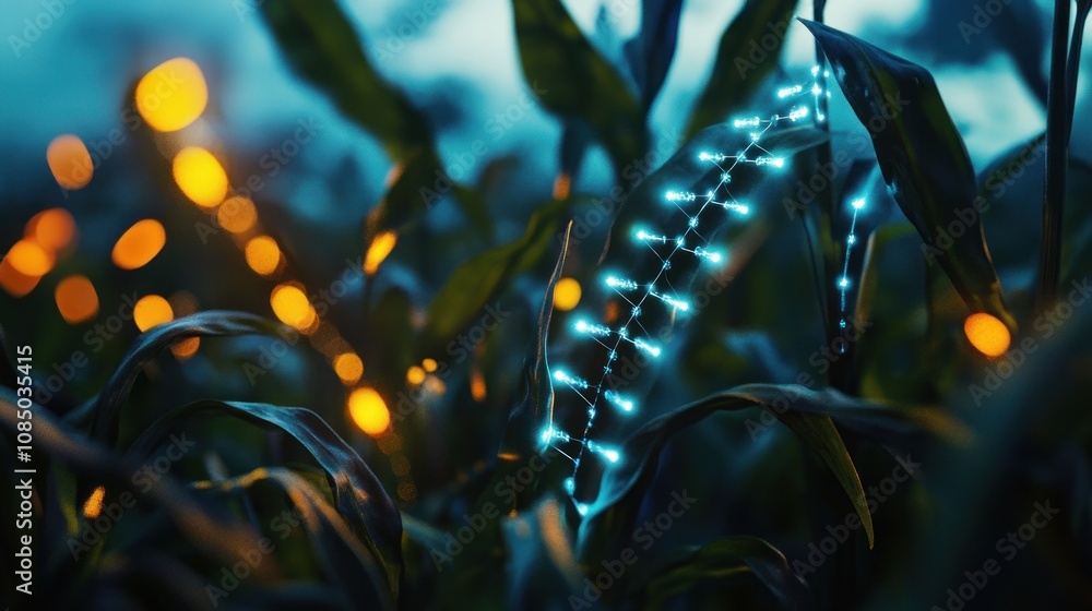 Poster here's a description and keywords for your stock image.. illuminated corn stalk in field at dusk, gl