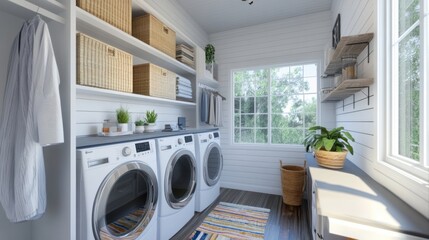 Cozy laundry room with colorful towels, organized baskets, and modern appliances