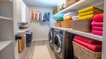 Cozy laundry room with colorful towels, organized baskets, and modern appliances