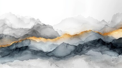 Abstract watercolor landscape featuring layered mountains in gray and gold tones.
