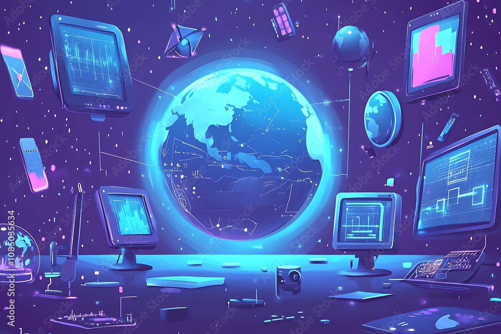 Poster a digital representation of earth surrounded by technology and data visualizations.