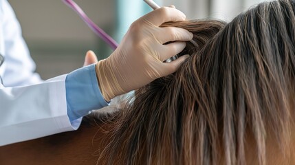 Fototapeta premium Veterinarian meticulously examining the mane of a horse. Grooming,equestrian sports,dressage,show jumping,horse care, animal health, farm life, veterinary career