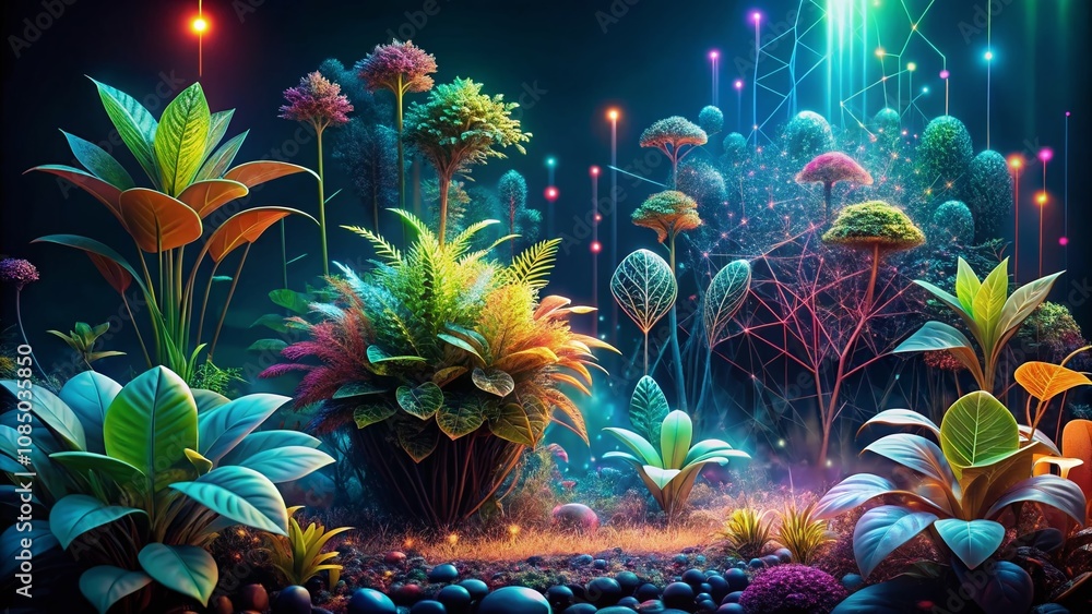 Poster futuristic botanical interface showcasing digital plants and data visualizations on a dark backgroun