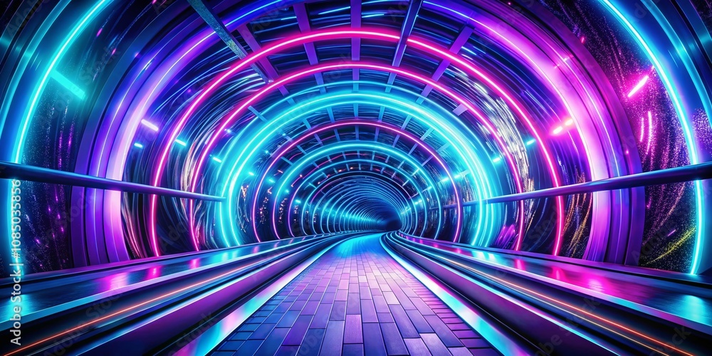 Poster futuristic abstract tunnel with purple and blue light patterns in motion creating a dynamic visual e