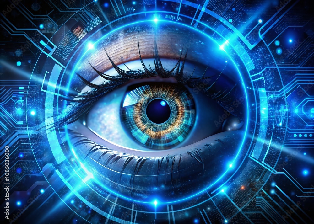 Poster futuristic digital eye with glowing blue cybernetic iris surrounded by technological patterns and da