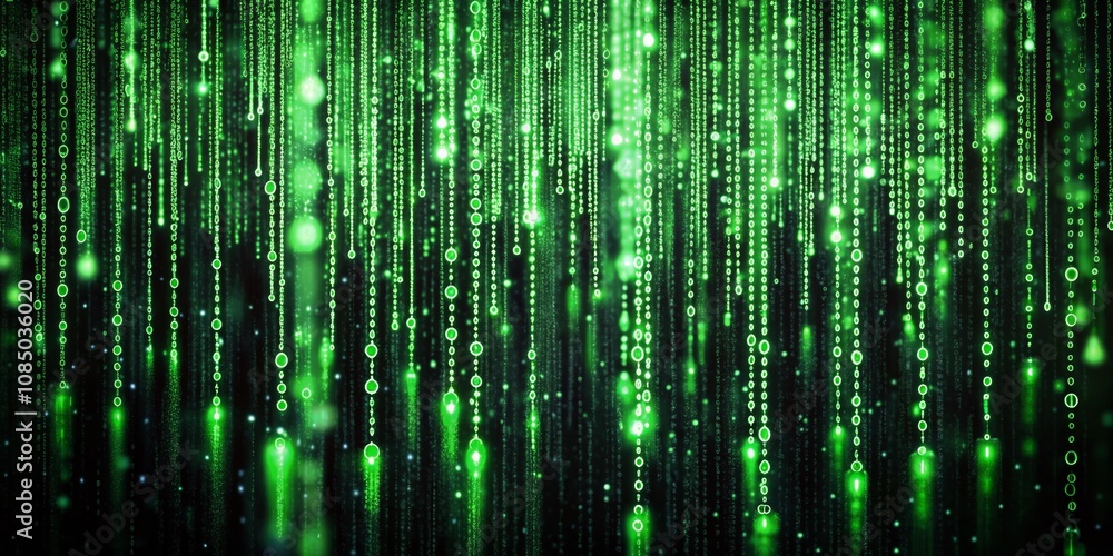 Poster futuristic digital rain: green binary code cascading down a dark background in a double exposure pho