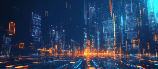 Fototapeta premium Futuristic cityscape with glowing digital buildings and streets.
